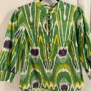 Anthropologie Sharona Henley Blouse Green Yellow Purple Ikat Cotton X-Small